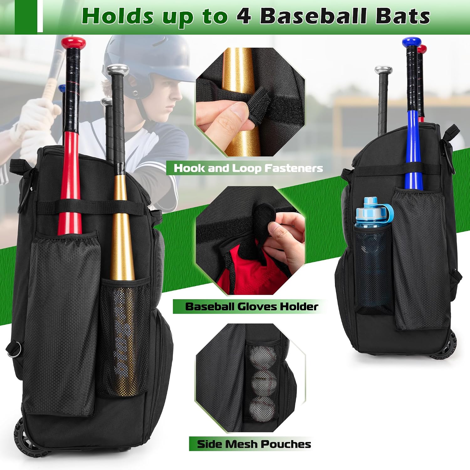 바퀴 달린 롤링 야구 배낭, 헤비 듀티 소프트볼 장비  - Sports Equipment Bat 리뷰 및 가격